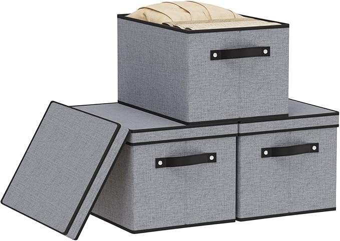 Storage Boxes with Lids, Decorative Linen Storage Bins for Shelves, Fabric Closet Organizer with Handles, Gray, 16.5 x 11.8 x 10.2 Inch, 3-Pack