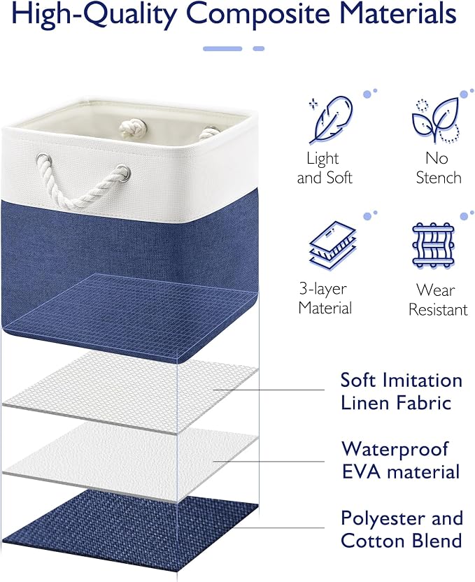 Patvingot 11 Inch Cube Storage Bins, 6 Pack Fabric Storage Cubes with Rope Handles, Organizer Baskets for Closet Shelves, Clothes and Home Organization(White/Blue)