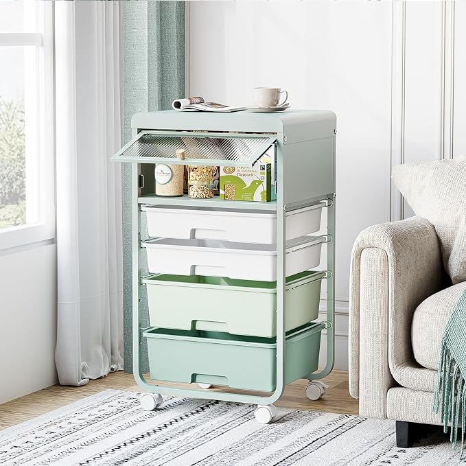 SYKIARIOL 4 Drawers Rolling Storage Drawer Craft Organizers Bookshelf Cart with Dust-Proof Door for Kids Playroom,Bedroom,Home Office, Green