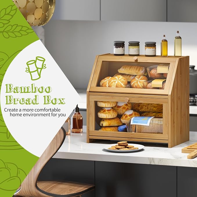 BMOSU Bread Box with Cutting Board Kitchen Bread Storage Organizer Farmhouse Countertop Double Bamboo Wood Bread Box(Natural)