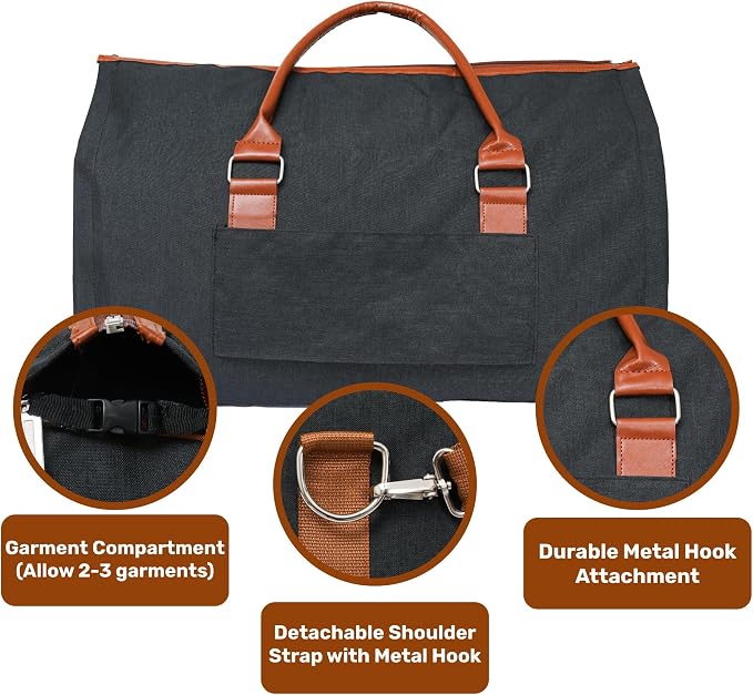 Convertible Garment Duffel Bag for Travel, Large Carry On Weekender Bag with Hanging Clothes Feature, Overnight Travel Duffle Bag for Women with Shoe Compartment (Black)