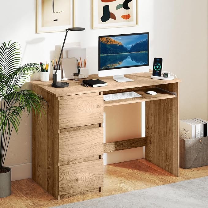 GOFLAME Computer Desk with 3 Drawers & Charging Station, 42” Home Office Desk with Storage & Keyboard Tray, Writing Desk PC Workstation Vanity Table (Natural)