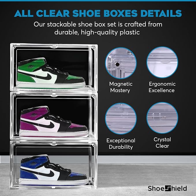 Ultra All Clear Shoe Boxes Plastic Stackable Professional Grade Shoe Display Case with Magnetic Side Drop Door Open Easy Assembly Modern Shoe Sneaker Display Case Fits US Size 14