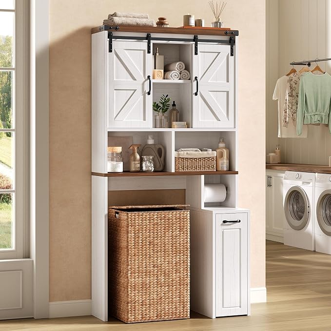 Farmhouse Over The Toilet Storage Cabinet with Pulley, Slide Barn Doors Bathroom Storage Cabinet, Space Saver W/Adjustable Shelf & Open Shelf for Bathroom, Restroom, Laundry (White Brown-Type A)