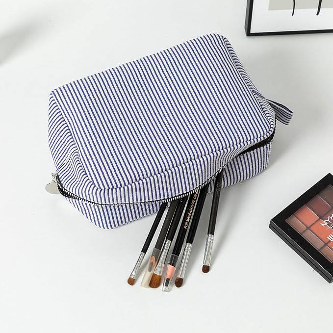 Large Capacity Striped Pencil Case Cosmetic Bag with Zipper Portable Stationery Organizer Pouch for School Students Teens Travel Toiletry Bag (Red)