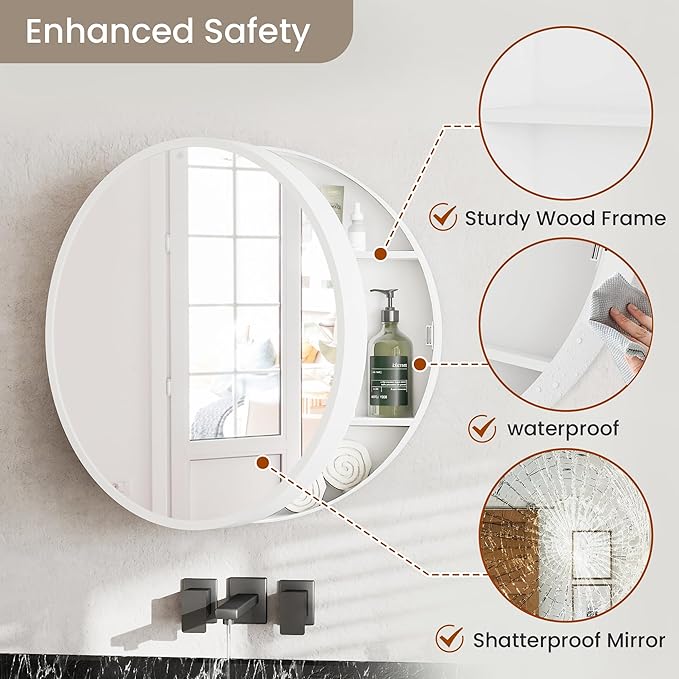 20'' Round Medicine Cabinet with Mirror, Modern Bathroom Vanity Mirror Cabinet with Storage Shelf, Circular Wall Mount Mirrored Cabinet, Farmhouse Medicine Cabinet for Home, Bathroom(White)