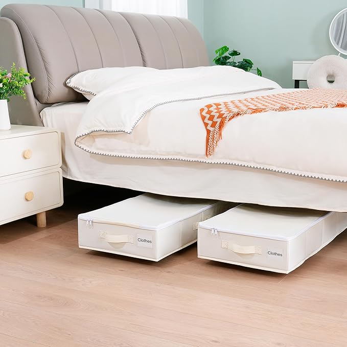 Vincona Under Bed Storage with Wheels, 2 Pack Under Bed Storage Containers with Label Holders for Clothes, Shoes and Blankets, Rolling Underbed Shoe Organizer with Cover, Beige (30.71x15.7x7.28 in)