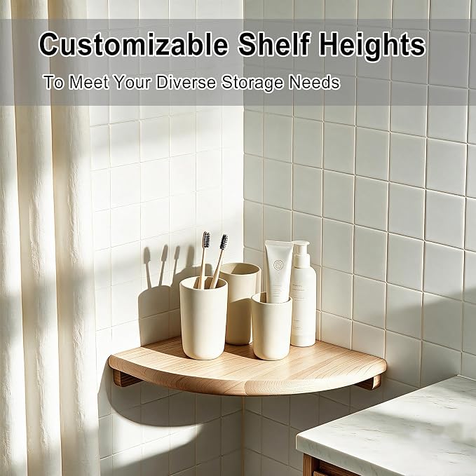 8.7" Floating Corner Shelf, Solid Wood Wall Mount with Wire Hole | Round end design, fits small decor, plants, photo frames & speakers; for bedroom, kitchen, living room