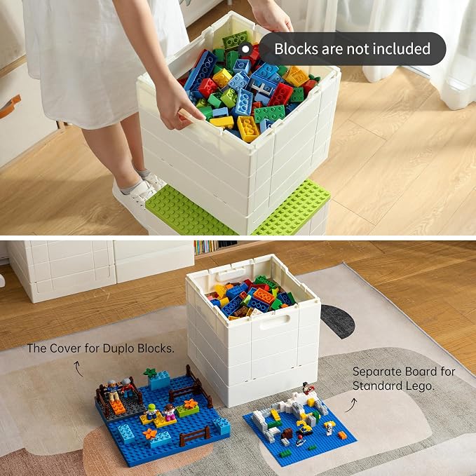 SHIMOYAMA Folding Storage Box with Building Lid for Duplo Blocks, 26 Qt. Foldable Toy Container, 25L Collapsible Storage Bin with Building Baseplate for Lego Bricks, Blue