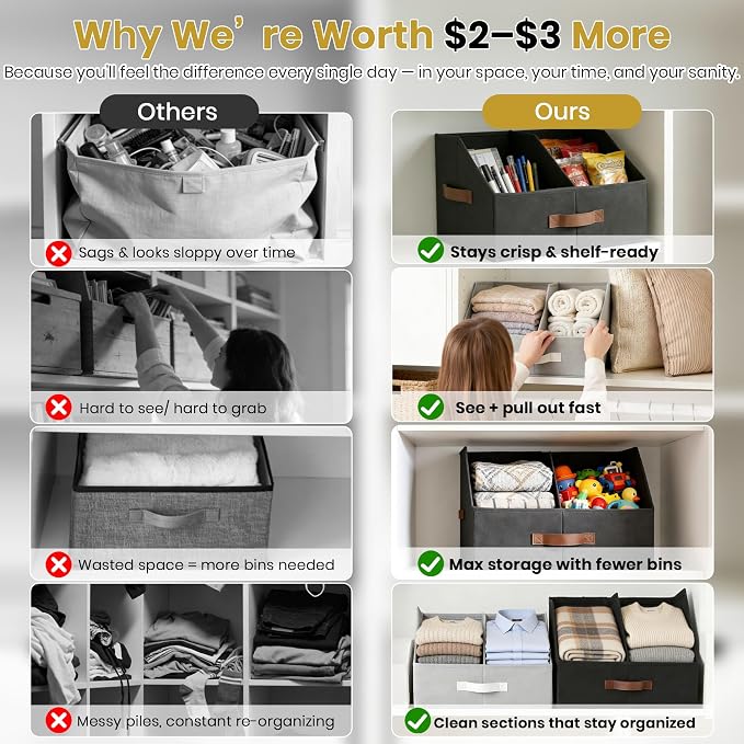 Closet Organizers And Storage - EXTRA LOAD & HEIGHT FOR DEEP Trapezoid Storage Bin W/ Handles & Adjustable Dividers, Collapsible Storage Bins For Clothes Storage & Shelf Organizer (4pcs, Large, Ivory)