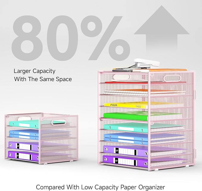 Cawukege 9 Tier Paper Organizer with Handle, Large Capacity Desk Organizer Mesh Paper Letter Tray File Folder Document Sorter for Classroom and Office Accessories Organization- Pink (2 Pack)