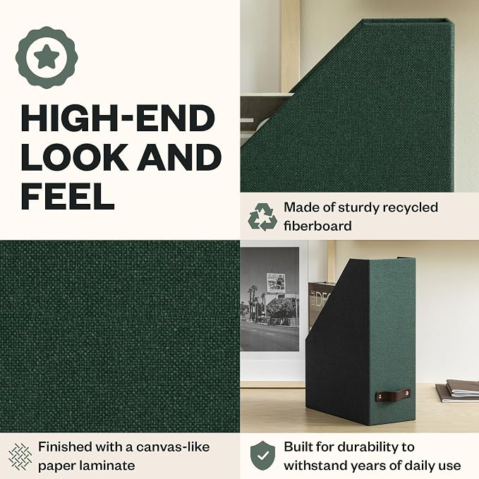 Bigso Estelle Fibreboard Magazine Holder with Leather Handle - Magazine File Holder and Organizer for Papers and Catalogs on Home or Office Desks - W4.4 x D9.8 X H12.7 (inches) - Dark Green