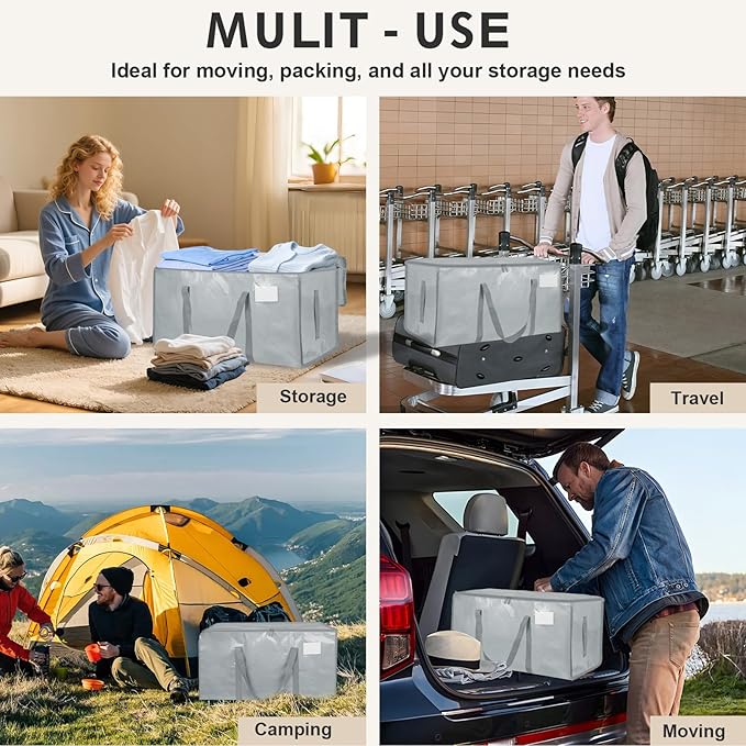 6 Pack-Extra Large Heavy Duty Moving Bags - Waterproof Storage Totes with Handles & Zippers, Foldable for College Dorm, Storage (light gray)