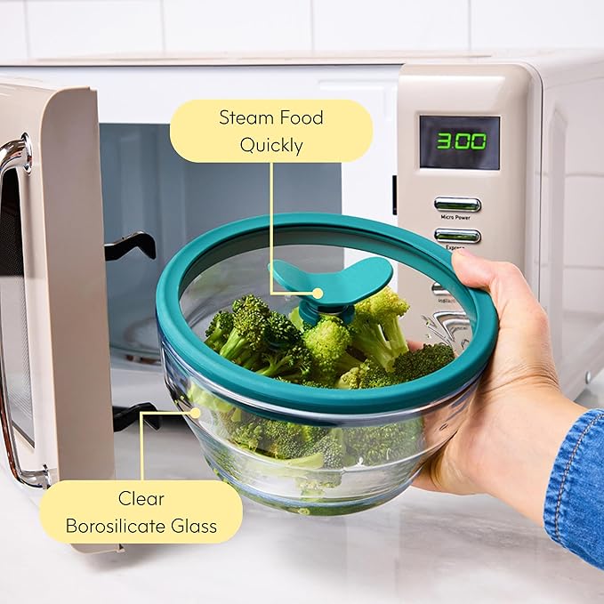 Anyday 2-Pack (4-Cup Shallow) Glass Food Storage with Glass Lids | Plastic-Free Meal Prep & Microwave Cookware | Stackable Airtight Storage Container with Vented Lid for Microwave-Safe Reheating
