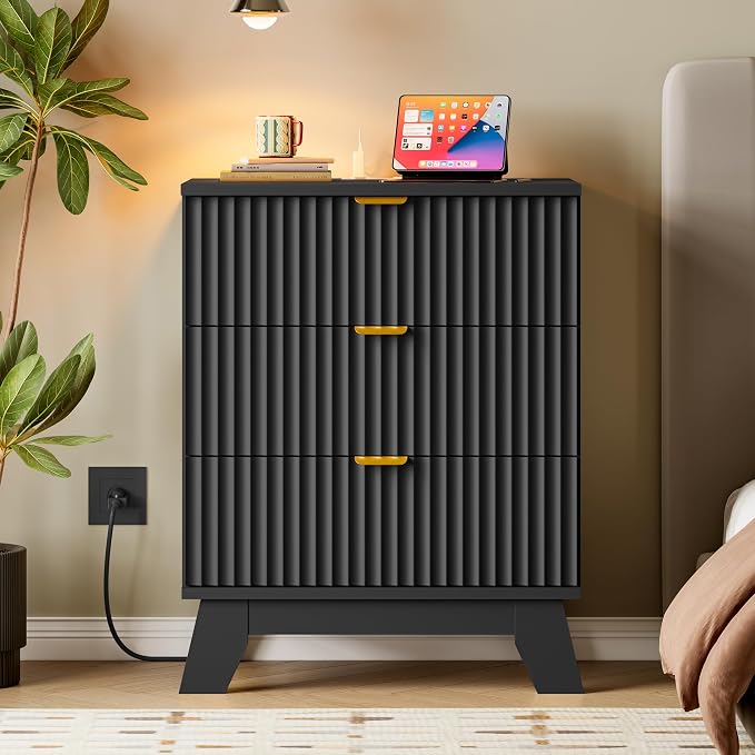 BORNOON 30.5" Nightstand with Charging Station, 3-Drawer Fluted Bedroom Chest, Wood Bedside Dresser with Power Outlets and USB Ports, Metal Slides, Stable Base, Modern Storage Cabinet for Small Spaces