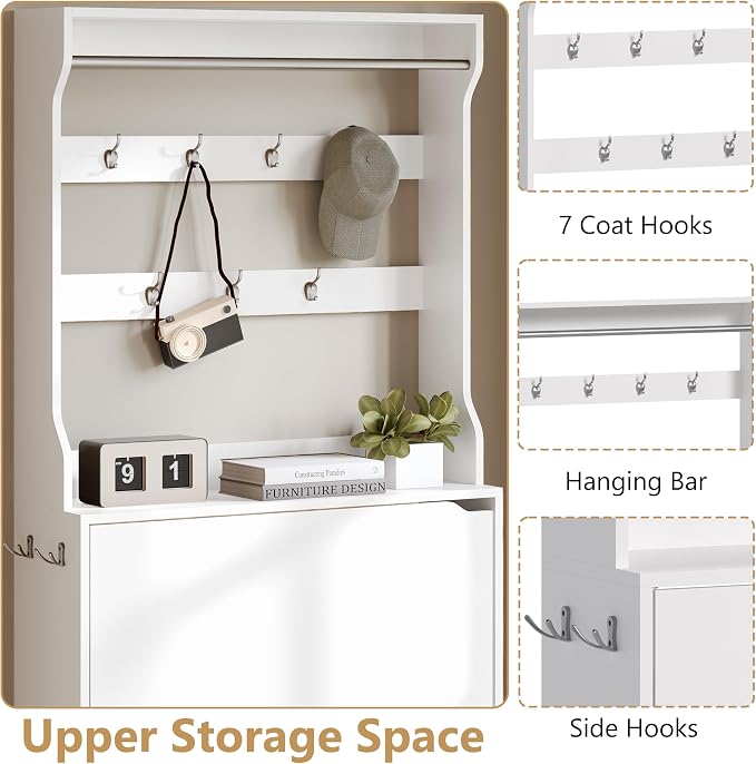 Wodeer Tall Shoe Cabinet with Coat Rack, Hidden Shoe Storage Cabinet with Doors & Drawer, Hanging Bar & Hooks, Slim Narrow Freestanding Shoe Rack Organizer for Entryway, Hallway & Living Room, White