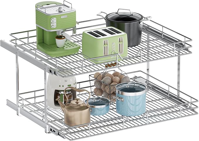 2-Tier Pull Out Cabinet Organizer, 30" W x 21.5" D, Heavy Duty Dual Slide Out Shelves for Wide Base Cabinets, Chrome Wire Basket Drawer for Pots, Pans, Pantry & Cleaning Supplies