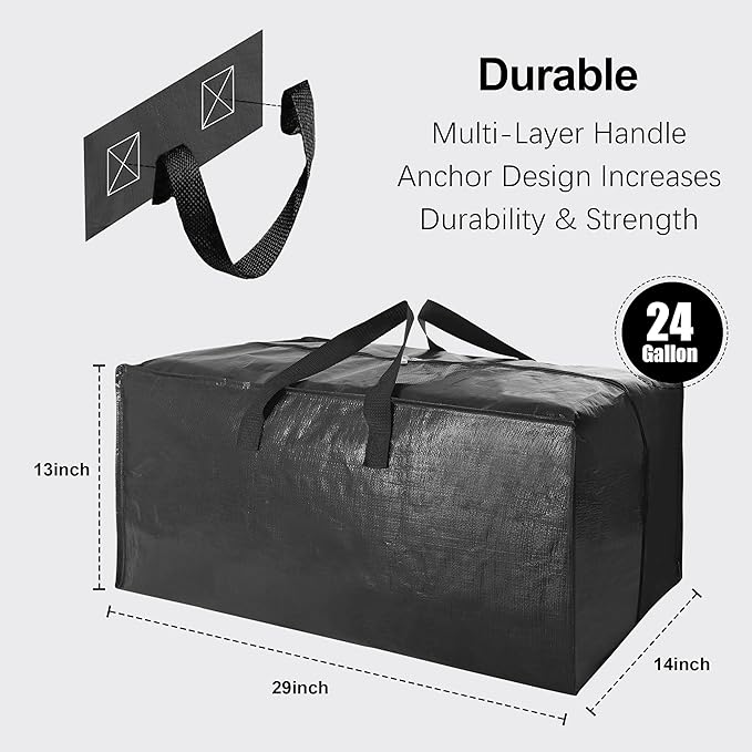 VELVETSURE 12 Pack Heavy Duty Extra Large Moving Bags W/Backpack Straps - Strong Handles & Zippers, Storage Totes For Space Saving, Fold Flat, Alternative to Moving Box and Storage Bin, Black