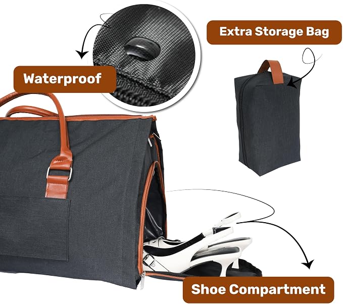Convertible Garment Duffel Bag for Travel, Large Carry On Weekender Bag with Hanging Clothes Feature, Overnight Travel Duffle Bag for Women with Shoe Compartment (Black)