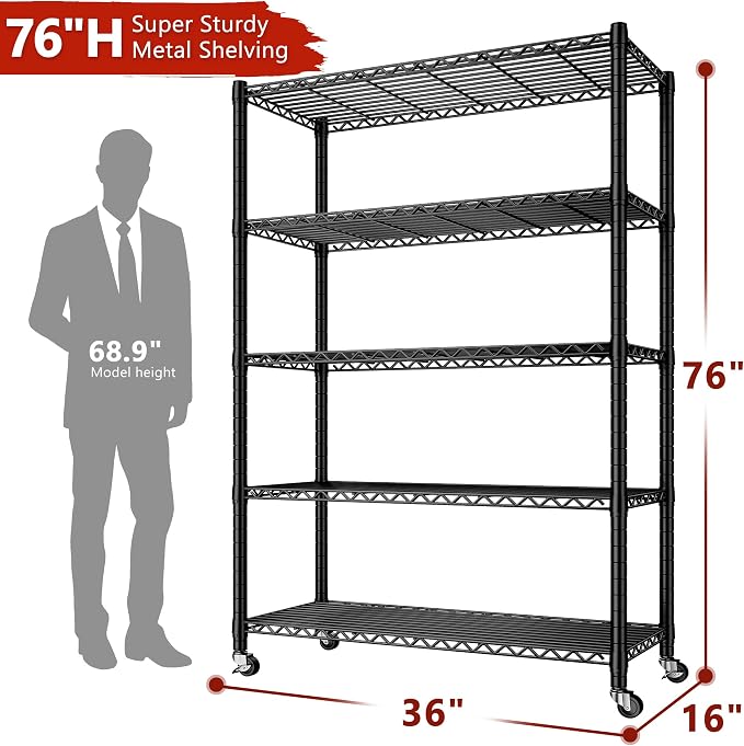 REIBII Storage Shelves Load 1980LBS,5 Tier Metal Shelving Unit with Wheels,Adjustable Wire Shelving Metal Storage Shelves Commercial Shelf for Garage Pantry Kitchen,76''HX36''WX16''D Black