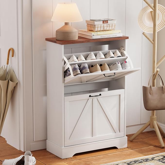Semiocthome Farmhouse Shoe Storage Cabinet with 2 Flip Drawers, 23.6"(W) Freestanding Shoe Organizer with Barn Door and Metal Handles for Entryway, Rustic Narrow Slim Shoe Rack Cabinet - White