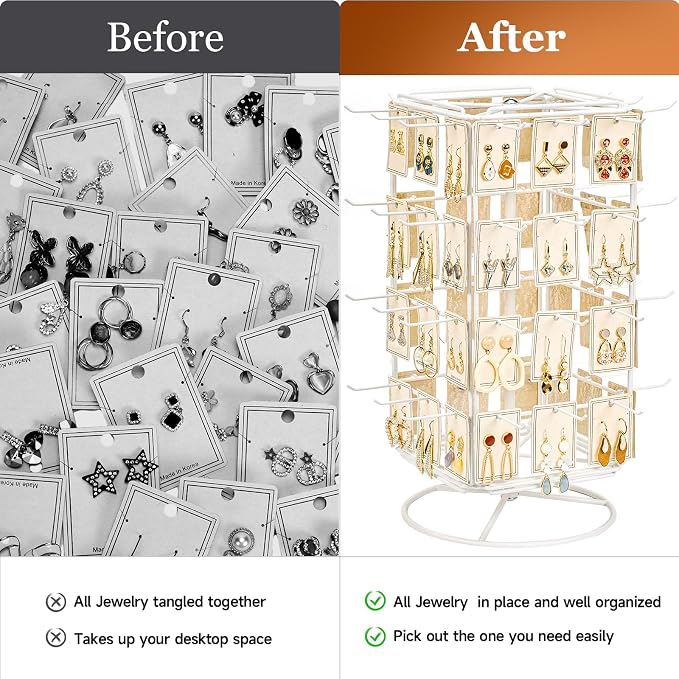 360 Rotating Earring Display Stands for Selling, 4 Tier Metal Earring Rack Holder Stand, Jewelry Display for Selling Earring Cards, Bracelets, Necklaces, KeyChains, Hair Accessories (48 Hooks)