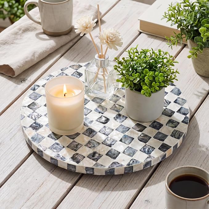 Reallnaive Mother of Pearl Lazy Susan for Table Turntable Organizer Marble Patterned Lazy Susan Wood Spinning Tray Rotating for Kitchen Cabinet Spice Pantry 12 Inch(Round,Black White Checkerboard)