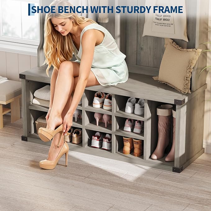 Garvee Farmhouse Entryway Hall Tree with Bench, Shoe Storage & Coat Rack | Large 5-in-1 Mudroom Storage w/ 6 Tri-Hooks & Seating, 13 Cubbies & Adjustable Shelf, Metal Corner Protctor, Rustic Gray