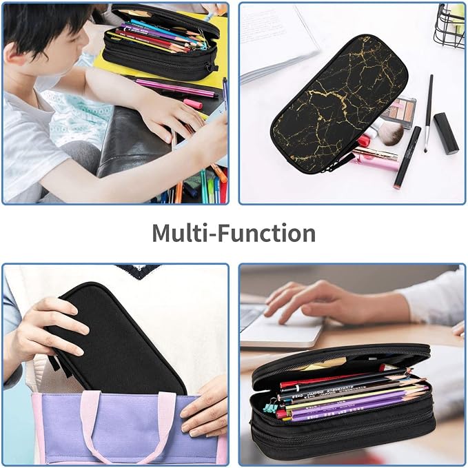 Perinsto Black And Gold Marble Texture Pencil Case Big Capacity Multi Compartment Stationery Box Pencil Pouch Holder Desk Organizer For School Office Home