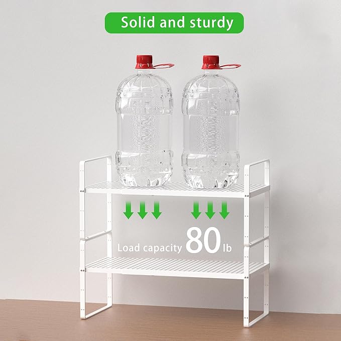 Expandable Cabinet Storage Shelf Stackable Organizer Rack for Kitchen Bathroom Pantry Spice Cupboard Coffee Countertop Home Office Desk Heavy Duty Nonslip White Large 1 Pack