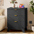 BORNOON 30.5" Nightstand with Charging Station, 3-Drawer Fluted Bedroom Chest, Wood Bedside Dresser with Power Outlets and USB Ports, Metal Slides, Stable Base, Modern Storage Cabinet for Small Spaces