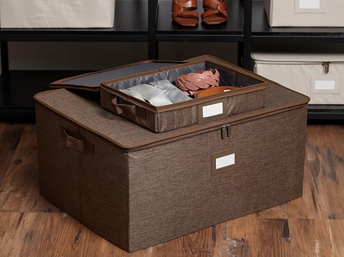 Covermates Keepsakes Zip-Top Storage Box Set, 3 Pack Heavy Duty Polyester Organizer Bins, Stackable Design, ID Window, Reinforced Handles, Closet Home Storage, Brown Heather