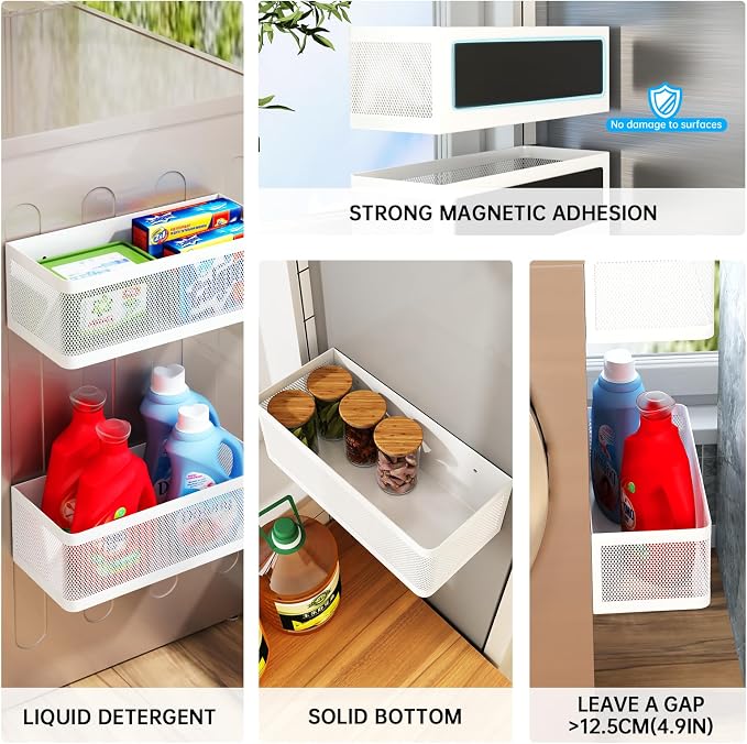 Magnetic Shelf for Washing Machine, White, L13.78in*W5.12in*H3.94in | Magnetic Organizer for Laundry, Hanging Basket Storage, Magnetic Fridge Shelves, Spice Rack for Refridgerator, 16.5-lb load