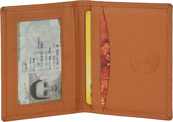 Leatherboss Genuine Leather Slim Thin Credit Debit Card ID Mini Holder Bifold Wallet Driver License Safe Holder, Tan