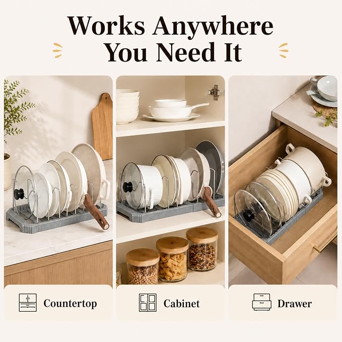 Pots and Pans Organizer Under Cabinet, Adjustable Pot and Pan Organizer Rack, 7 Stainless Steel Dividers, Pot Lid Organizer for Cabinet, Expandable Pan Organizer for Pots, Pans, Lids, Plates Gray