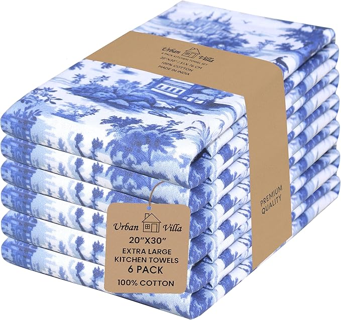 Urban Villa Kitchen Towels Set of 6 French Toile Kitchen Towels 20X30 Inches 100% Cotton Highly Absorbent Kitchen Towels Premium Quality Ultra Soft Mitered Corners KitchenTowels