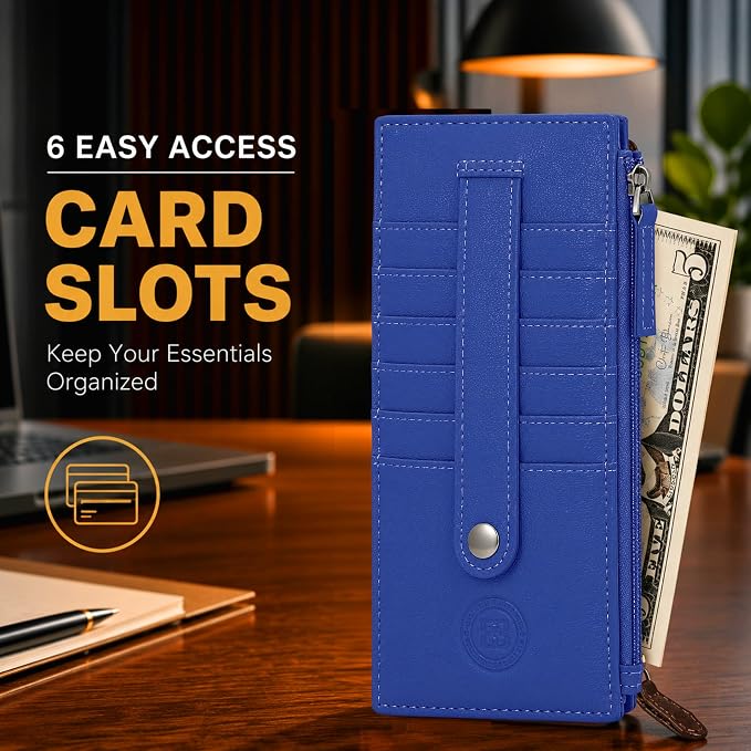 Leatherboss Genuine Leather Women's All in One Credit Business Card Case Holder Slim Zipper Wallet With a Card Protection Strap, Oxford Blue