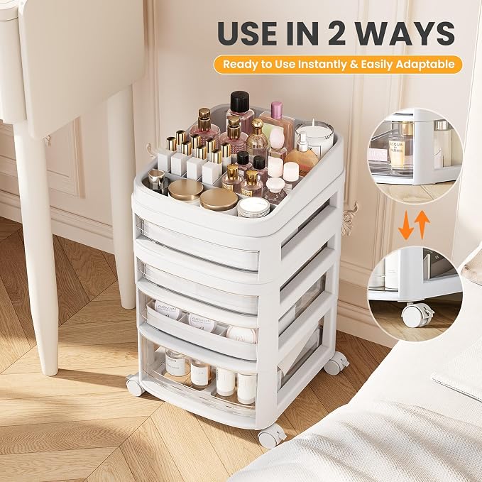 Rolling Cart with 4 Drawers, Clear Plastic Drawer Organizers, Dust Proof Under Desk Storage for Makeup, Skincare, Art Crafts and Baby Items, Acrylic Cosmetic Organizer with Dividers, Vanity Cart