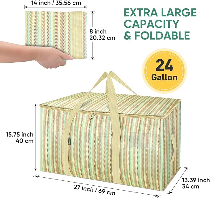 BALEINE 4-Pack Oversized Moving Bags with Reinforced Handles, Heavy-Duty Storage Tote for Clothes, Moving Supplies (Color Strip, 4-Pack)