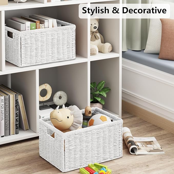 Vagusicc 2 Packs Large Wicker Storage Basket, Closet Storage Baskets Bins for Shelves, Decorative Collapsible Baskets for Organizing Clothes Toy Nursery Bathroom Organizers and Storage, White