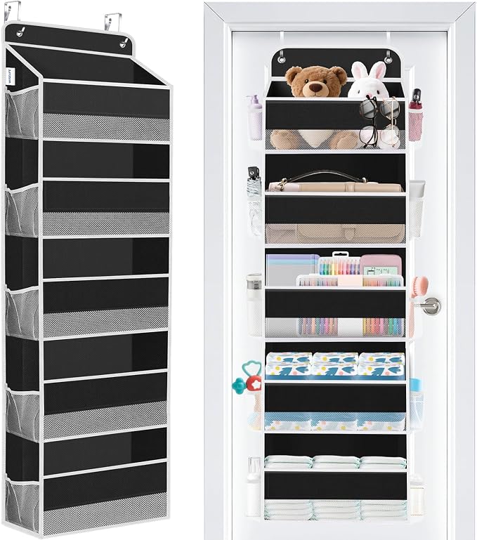 WISELIFE Over the Door Organizer - 5 Shelves Large Capacity Hanging Bedroom Storage Solution with Side Pockets for Dorm Bathroom Pantry Nursery and Baby Essentials Holds up to 40 Lbs Black
