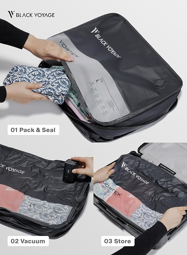 Black Voyage Reusable Vacuum Compression Travel Bag for Carry-On Suitcase and Backpack, Recycled IP67 Waterproof Space Saver Vacpack (2-Pack, 41L - No Pump)