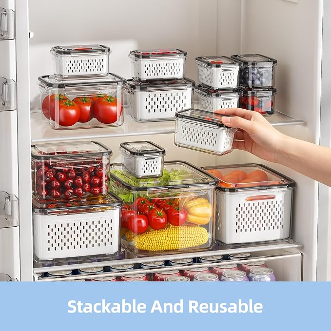 Fruit Storage Container for Fridge with Removable Colander, 8 Pack | Leakproof Produce Containers for Fridge, Airtight Food Storage Container, Keep Fruit, Veggies, Berry, Salad Fresh Longer