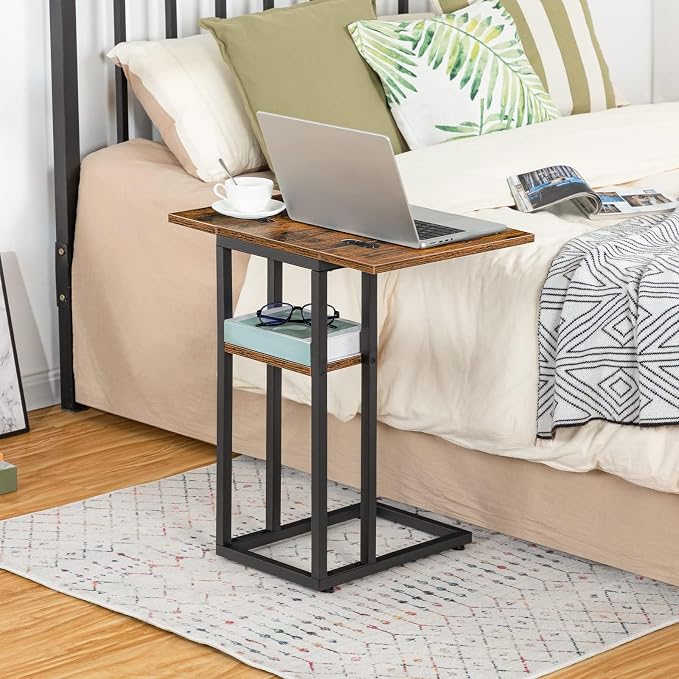 HOOBRO Foldable C Shaped End Table, C Shaped Side Table with Storage Shelf, Small Snack Table, Slide Under Couch Table for Sofa, Living Room Bedroom Small Spaces Easy Assembly, Rustic Brown BF29SF01