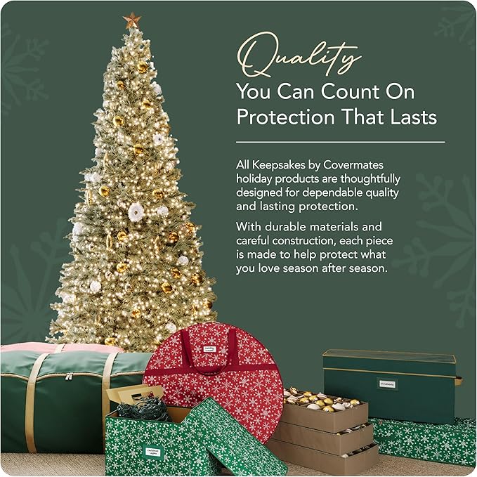 Covermates Keepsakes Rolling Adjustable Ornament Storage Bag – Heavy-Duty Polyester, FlexGrid Trays & Padded Dividers – Protective Holiday Organizer with Wheels, Handles & ID Window, Red Snowflake
