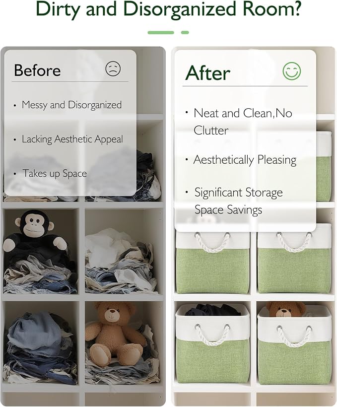 Patvingot 11 Inch Cube Storage Bins, 4 Pack Fabric Storage Cubes with Rope Handles, Organizer Baskets for Closet Shelves, Clothes and Home Organization(White/Green)