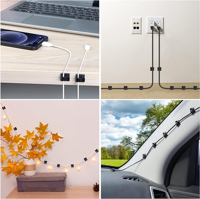 120 PCS Cable Clips, Adhesive Cord Clips for Wires on Wall, Strong Wire Clips Holders Cord Organizer for Cable Management, Christmas Lights, USB, Phone Charger, Cat 6, Car Dash Cam (Large, Black)