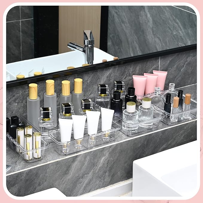 8 Pcs Medium Extendable Clear Drawer Organizer, All Adjustable Vanity Storage Box, 2-Size Desk Drawer Organizer, Acrylic Storage Bins for Makeup, Cosmetic, Bedroom Dressers Tool Organizer for Gadgets