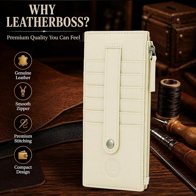 Leatherboss Genuine Leather Women's All in One Credit Business Card Case Holder Slim Zipper Wallet With a Card Protection Strap, Cream