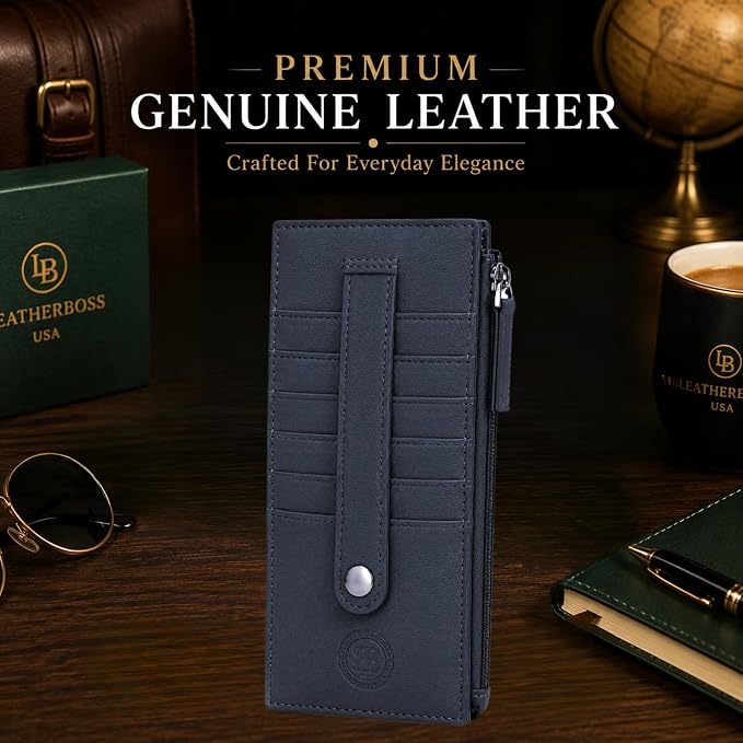 Leatherboss Leather All in One Card Case Holder Slim Wallet With Card Protection Strap, Blue